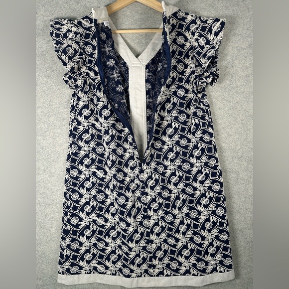 VOY Navy White Embroidered Ruffle Sleeve Cotton Dress M - Picture 9 of 9